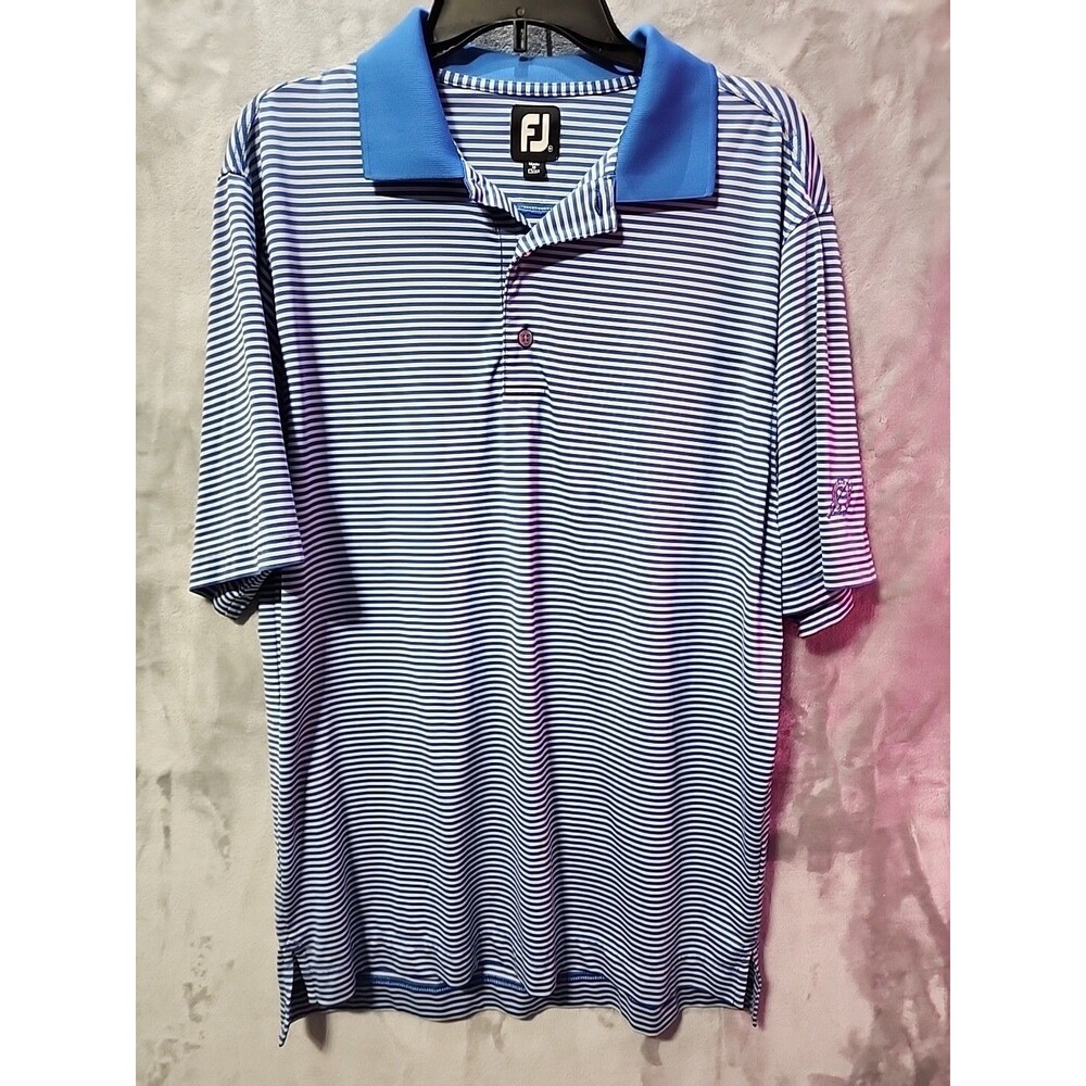 FootJoy Polo Golf Shirt Mens L* Short Sleeve Blue/White Stripe Preppy Horseshoe